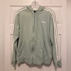 Adidas Womens Essentials 3 Stripes Full Zip Jacket with Hood Green & White Large